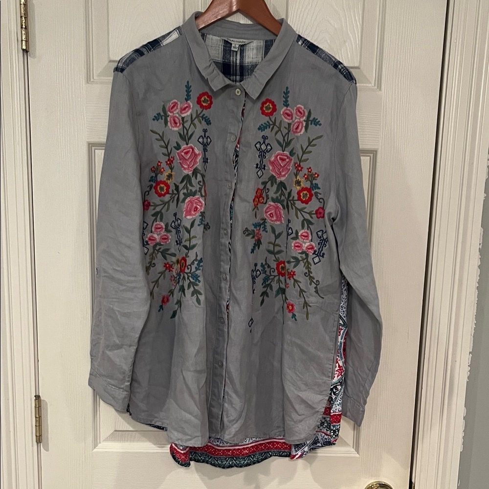 John Mark Gray Floral Embroidered Button Down Shirt